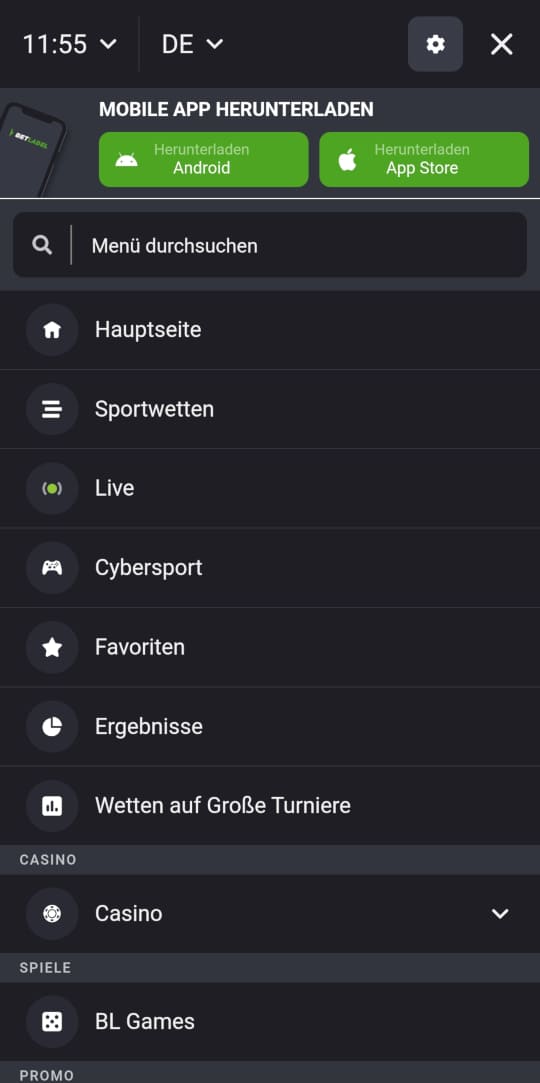 BetLabel online casino seitenleistenmenu mobile vorschau