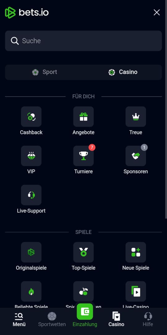 Bets.io online casino seitenleistenmenu mobile vorschau
