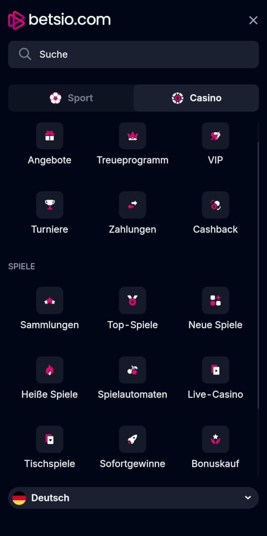 Betsio.com online casino seitenleistenmenu mobile vorschau