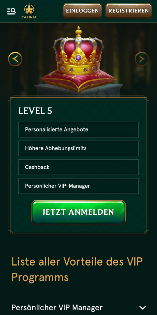 Casinia online casino VIP programm mobile vorschau
