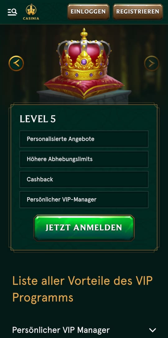 Casinia online casino VIP programm mobile vorschau