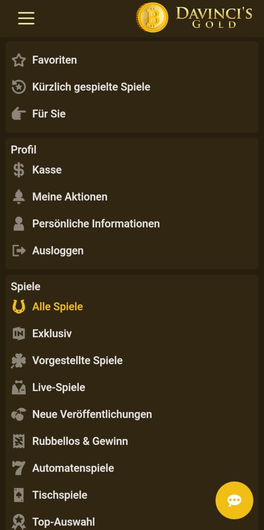 DaVinci's Gold online casino seitenleistenmenu mobile vorschau
