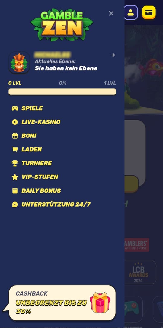 GambleZen online casino seitenleistenmenu mobile vorschau