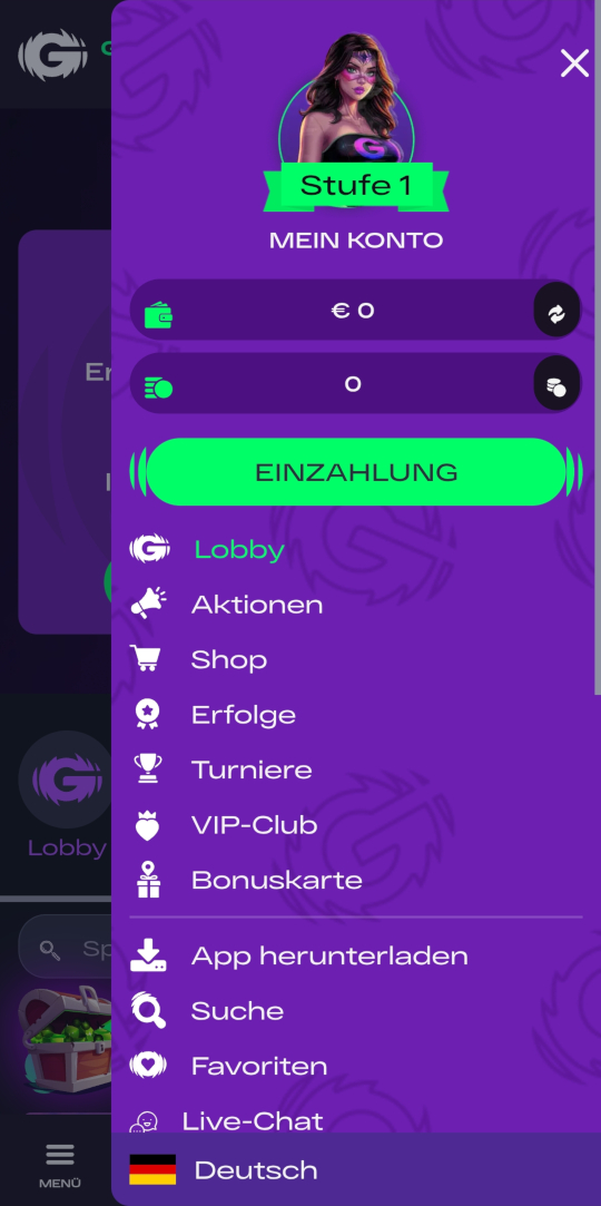 GlitchSpin online casino seitenleistenmenu mobile vorschau