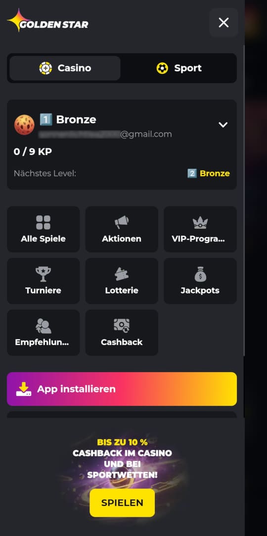 Golden Star online casino seitenleistenmenu mobile vorschau
