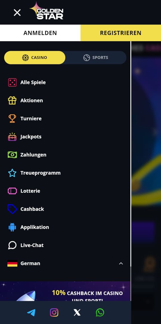 Golden Star online casino seitenleistenmenu mobile vorschau