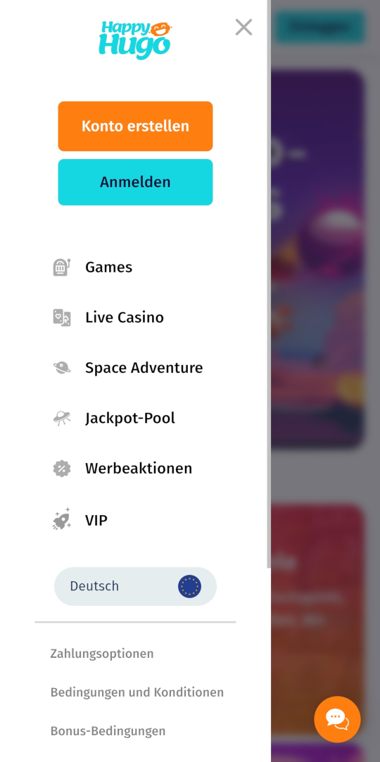 HappyHugo online casino seitenleistenmenu mobile vorschau