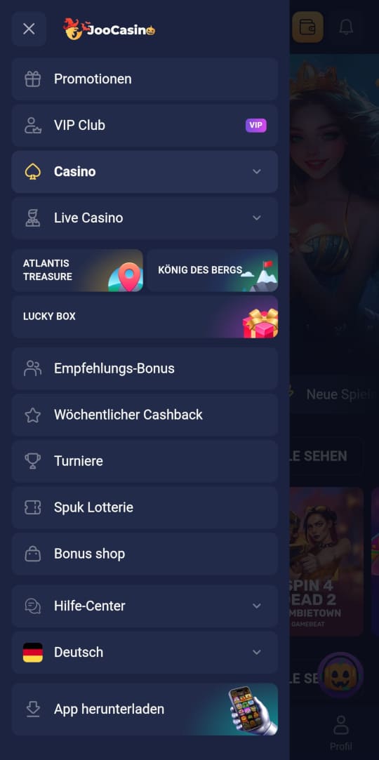 Joo Casino online casino seitenleistenmenu mobile vorschau