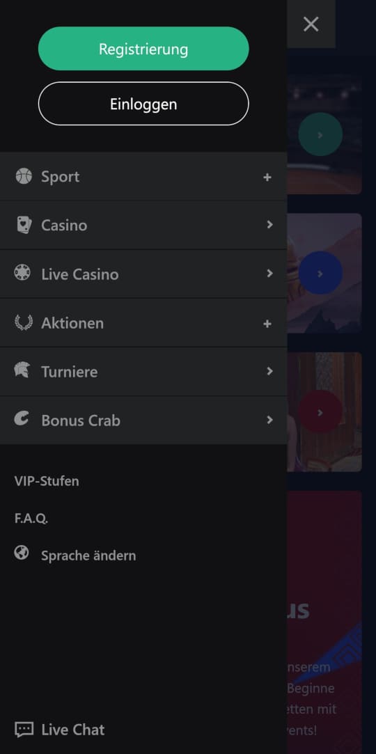LibraBet online casino seitenleistenmenu mobile vorschau