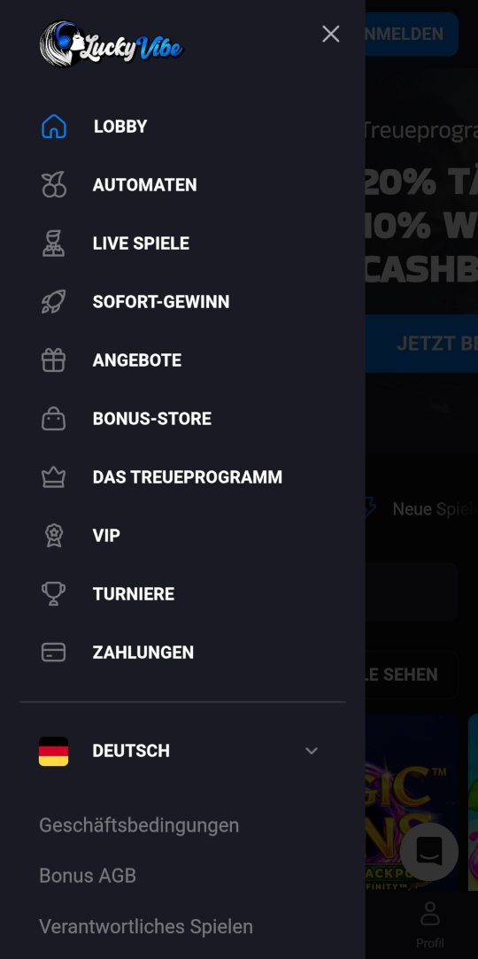LuckyVibe online casino seitenleistenmenu mobile vorschau