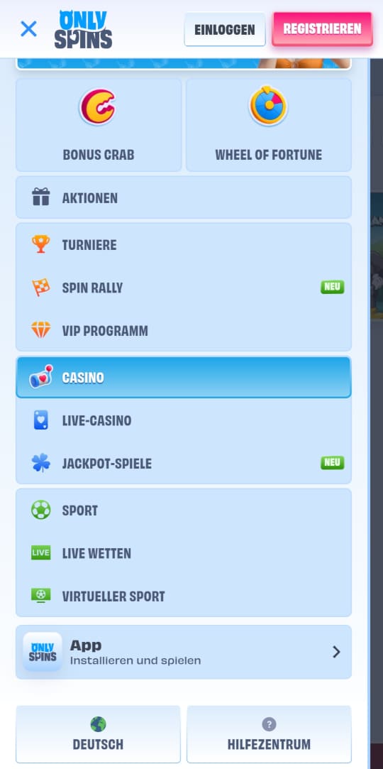 OnlySpins online casino seitenleistenmenu mobile vorschau