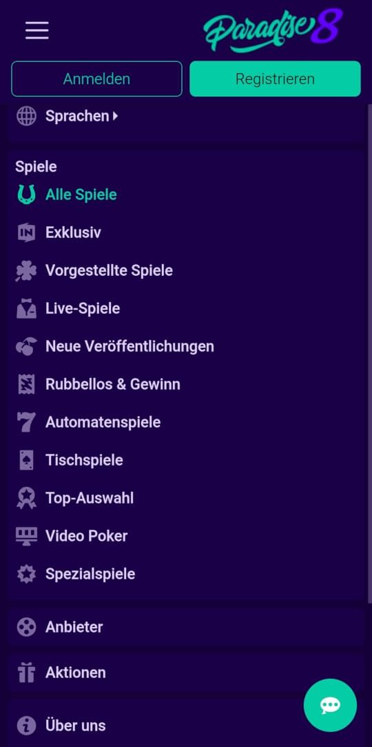 Paradise8 online casino seitenleistenmenu mobile vorschau