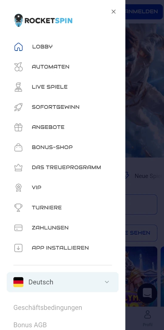 Rocket Spin online casino seitenleistenmenu mobile vorschau