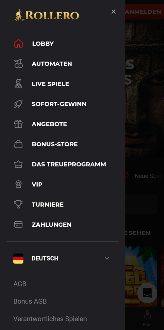 Rollero online casino seitenleistenmenu mobile vorschau
