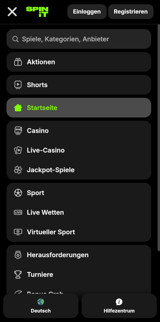 SPINiT online casino seitenleistenmenu mobile vorschau