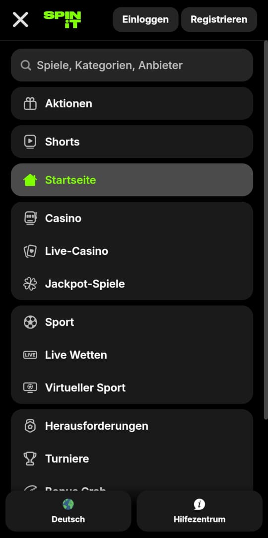 SPINiT online casino seitenleistenmenu mobile vorschau