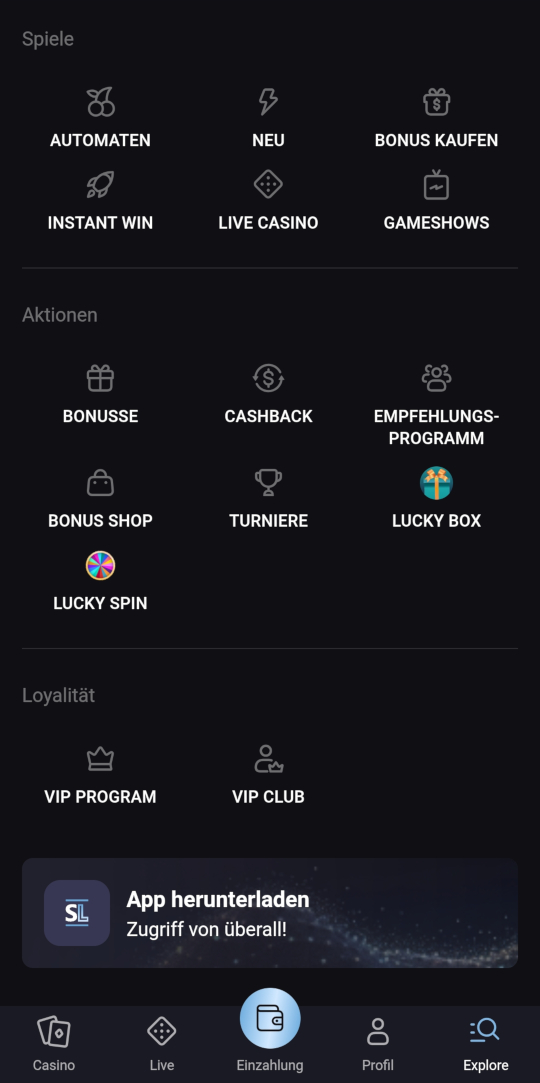 SlotLounge online casino seitenleistenmenu mobile vorschau