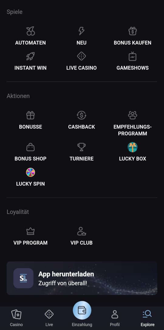 SlotLounge online casino seitenleistenmenu mobile vorschau