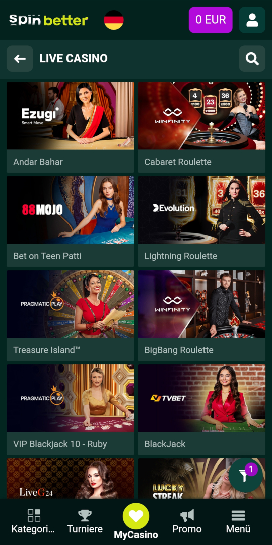 SpinBetter online casino live casino mobile vorschau