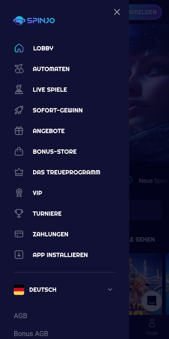 Spinjo online casino seitenleistenmenu mobile vorschau