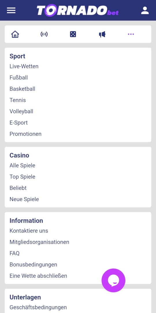 TornadoBet online casino seitenleistenmenu mobile vorschau