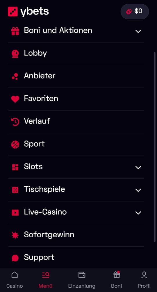 Ybets.net online casino seitenleistenmenu mobile vorschau