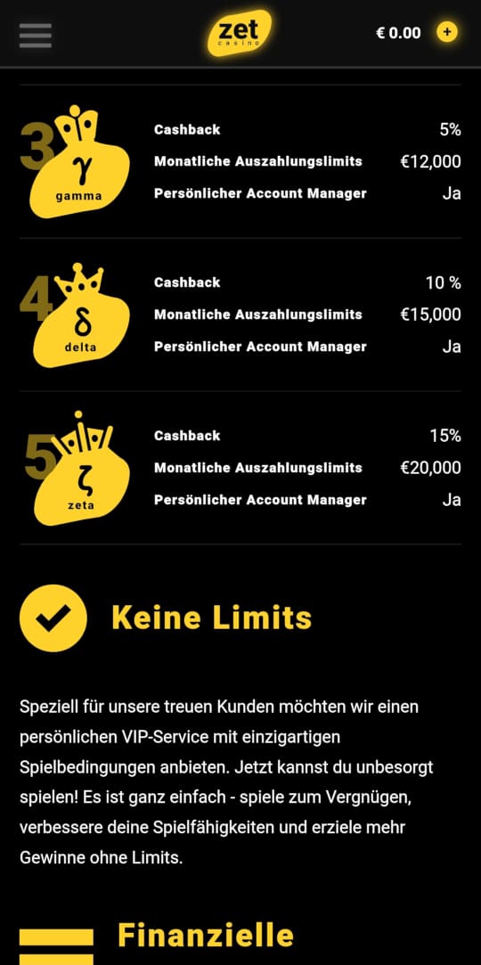 Zet online casino VIP programm mobile vorschau